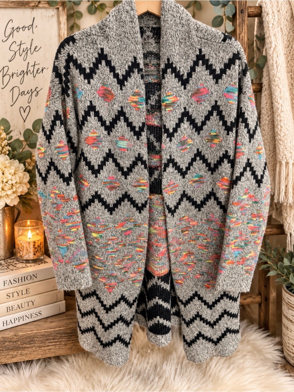 Gray Open-Front Chevron Cardigan with Multicolor Knit Accents